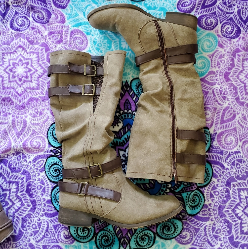 POP suede sweater zip up boots with straps&buckles